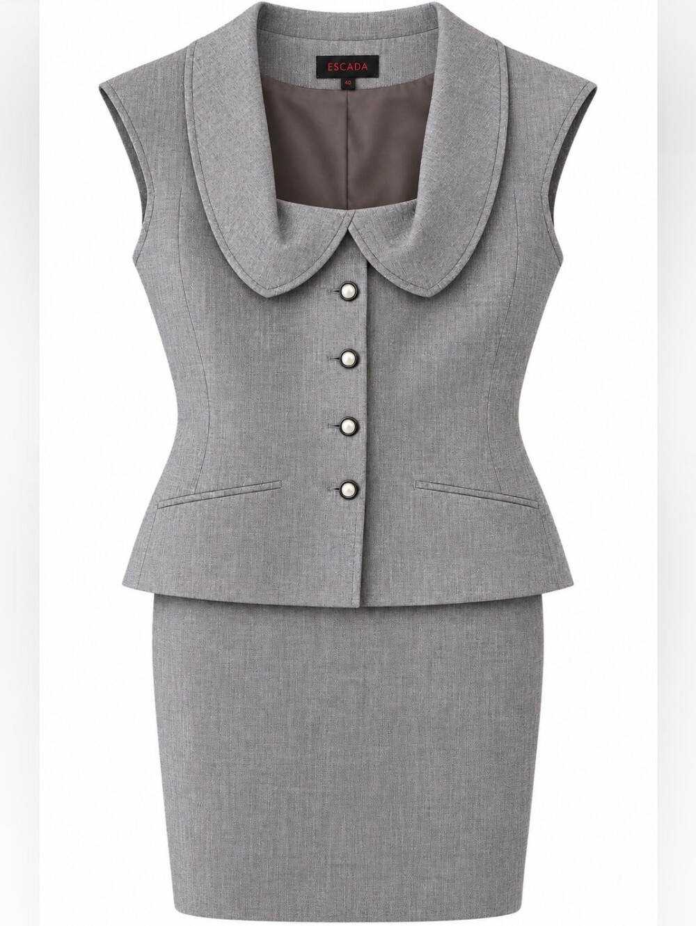 Escada Vest And Skirt Linen Wool Shawl Collar In Brown White Set Size 44V,46S